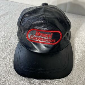Vintage Black Leather Red Embroidered Brazel Construction Trucker Hat